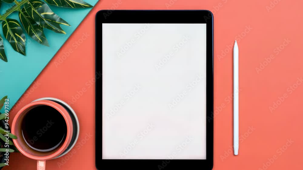 A sleek tablet with a bright white screen rests beside a steaming cup of coffee, creating an inviting scene perfect for work or relaxation in a cozy setting. A sleek tablet with a bright white screen rests beside a steaming cup of coffee, creating an inviting scene perfect for work or relaxation in a cozy setting.