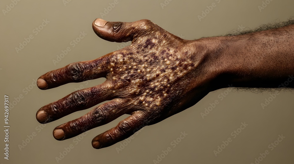 Detailed shot of a hand with dark skin showing advanced monkeypox symptoms against a plain backdrop Detailed shot of a hand with dark skin showing advanced monkeypox symptoms against a plain backdrop