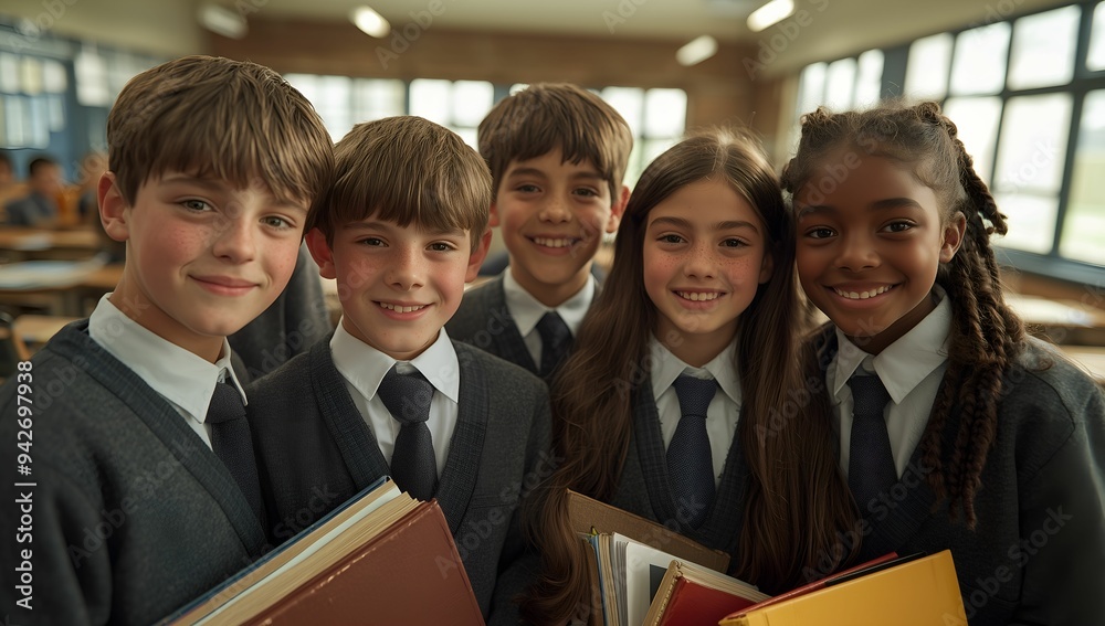 Schoolchildren Holding Books in a Classroom, Embracing Friendship and Learning on the First Day at School, Back to School Concept Schoolchildren Holding Books in a Classroom, Embracing Friendship and Learning on the First Day at School, Back to School Concept