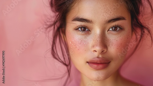 Beautiful young Asian woman with clean fresh skin on pink