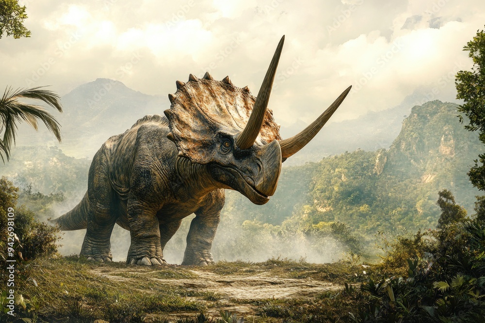 Fototapeta premium A Triceratops Dinosaur Stands on a Mountain Ridge in a Misty Forest