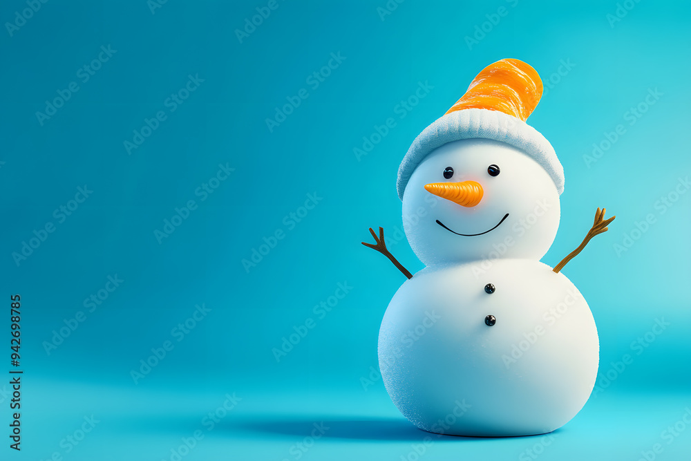 3d cartoon Happy snowman wearing a scarf and hat isolated on blue background 3d cartoon Happy snowman wearing a scarf and hat isolated on blue background