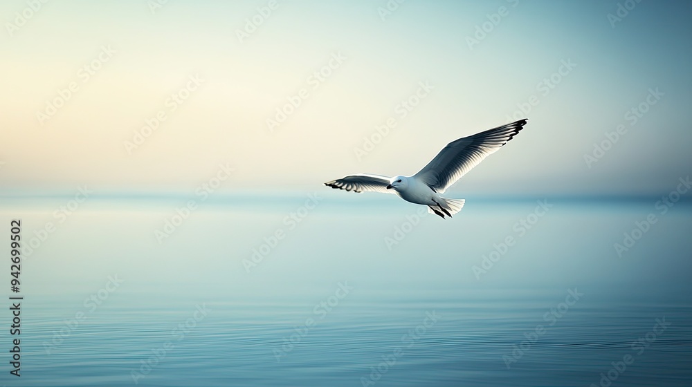 Obraz premium Seagull flying ocean wings calm. Generative AI