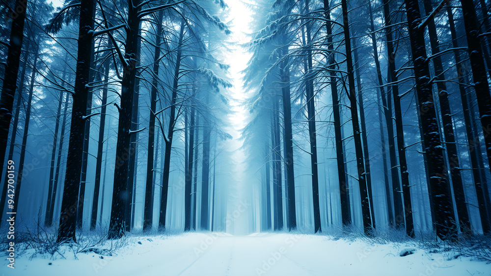 A gentle snowfall in a quiet winter forest with tall, snow-covered trees A gentle snowfall in a quiet winter forest with tall, snow-covered trees