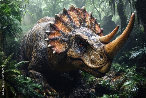 A Triceratops Dinosaur in a Lush Jungle Setting