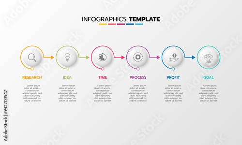 Business infographic template process with simple geometry square, rectangle, circle, triangle, curves in flat design template with thin line icons and 6 options or steps. Vector illustration.