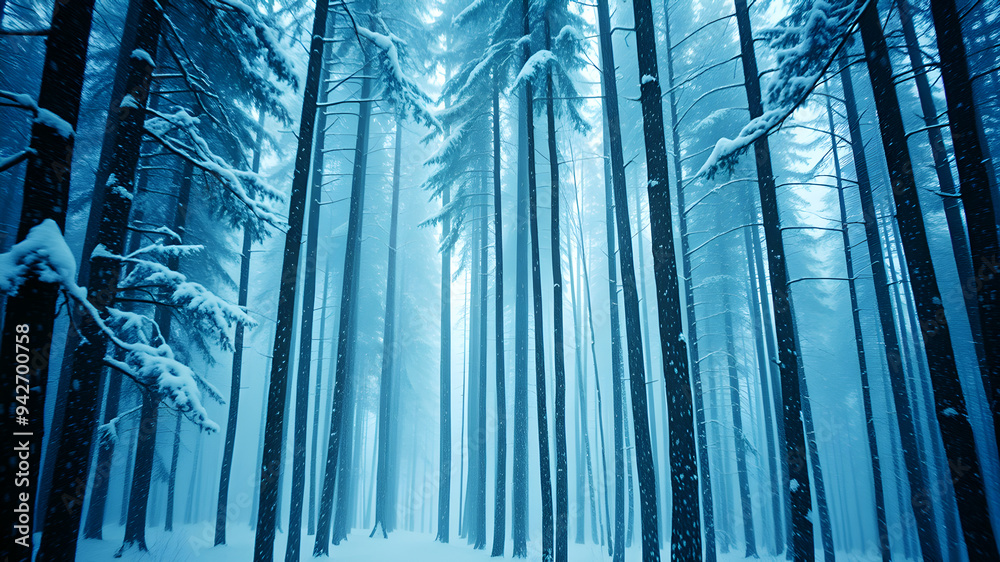 Obraz premium A gentle snowfall in a quiet winter forest with tall, snow-covered trees