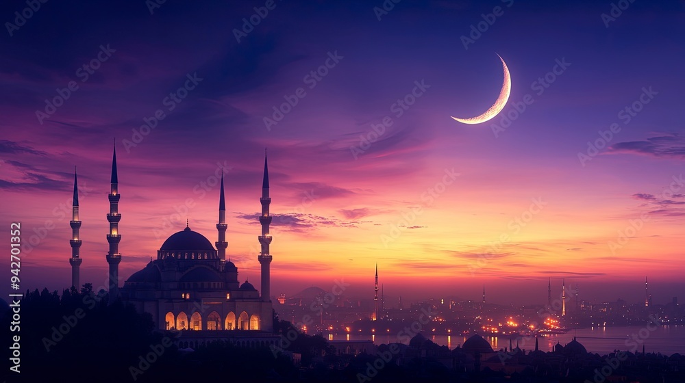 Fototapeta premium Mosque sunset sky, moon, holy night, islamic night and silhouette mosque, panaromic islamic wallpaper. 