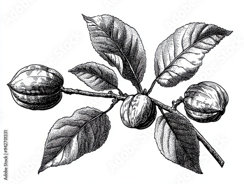 Black and white Vintage engraved art of a walnut tree branch, isolated on white background, ink sketch illustration, simple vector art design, highly detailed line art, high contrasty  photo