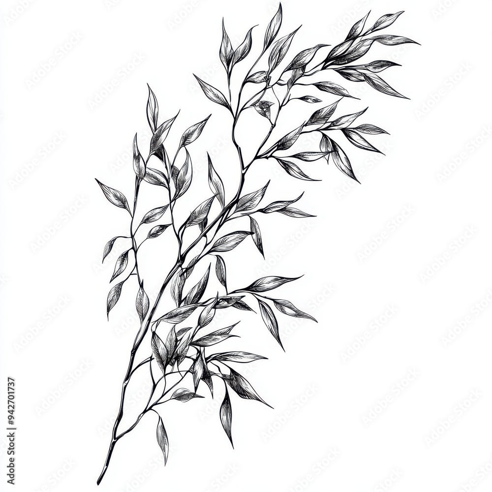 Obraz premium Black and white Vintage engraved art of a willow tree branch, isolated on white background, ink sketch illustration, simple vector art design, highly detailed line art, high contrasty