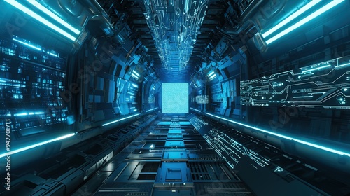 Blue spaceship interior with lit projector. Futuristic corridor in space station with glowing neon lights background. 3d rendering