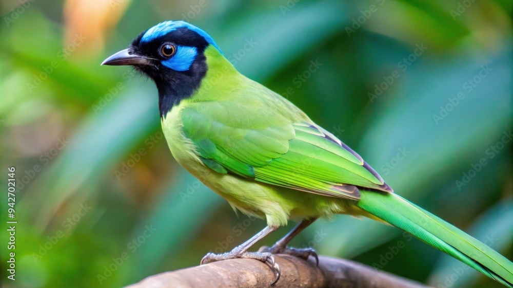 Obraz premium A Green and Blue Bird Perched on a Branch