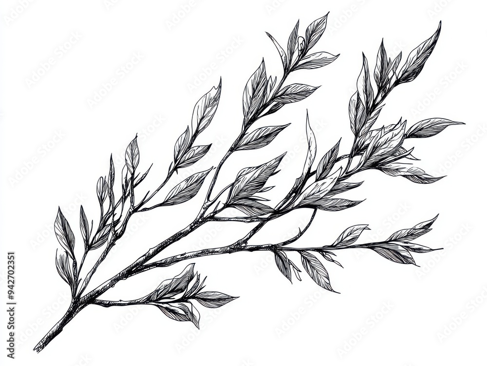 Obraz premium Black and white Vintage engraved art of a willow tree branch, isolated on white background, ink sketch illustration, simple vector art design, highly detailed line art, high contrasty 2206