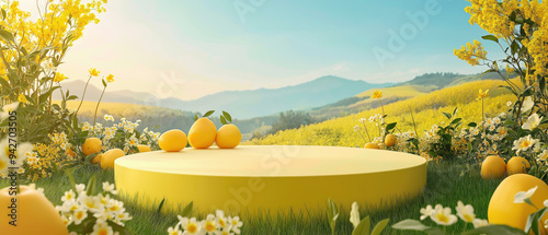 A tranquil landscape featuring a yellow platform surrounded by lemons and vibrant flowers, perfect for seasonal themes or fresh ideas. photo