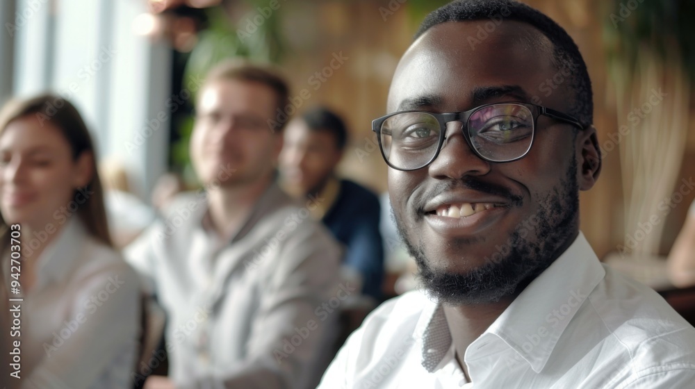 A confident African man with a joyful expression supporting his friends before a conference, showcasing a young international team preparing for a meeting with their chief in an indoor setting. A confident African man with a joyful expression supporting his friends before a conference, showcasing a young international team preparing for a meeting with their chief in an indoor setting.