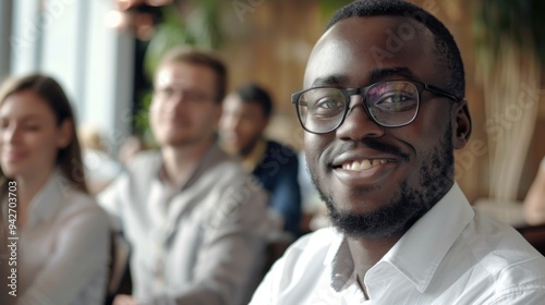 A confident African man with a joyful expression supporting his friends before a conference, showcasing a young international team preparing for a meeting with their chief in an indoor setting.