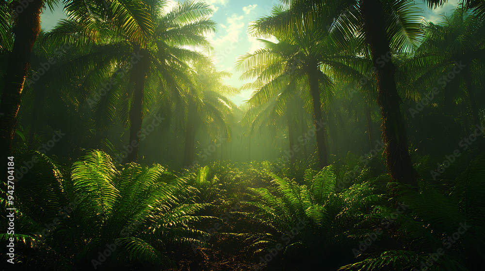 Naklejka premium realistic palm tree garden, green palm tree field