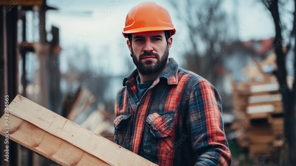 Man in helmet with saw and wood Man in helmet with saw and wood