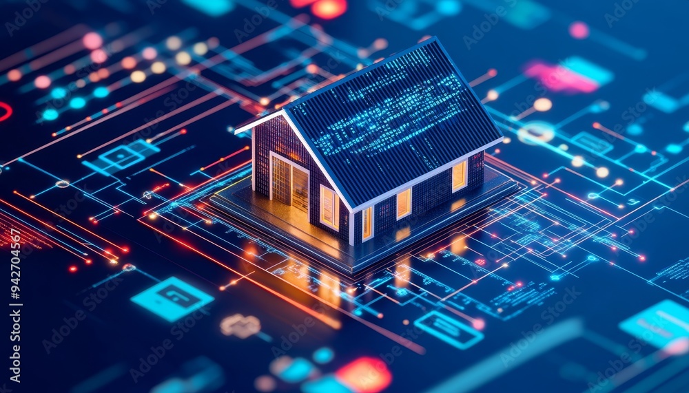 Smart home technology concept mobile phone displaying a house with iot connections and device icons Smart home technology concept mobile phone displaying a house with iot connections and device icons