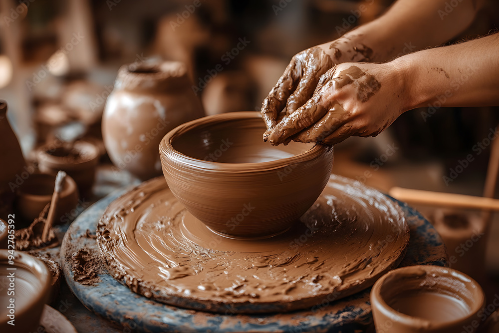 Potter making pot with clay in workshop closeup Potter making pot with clay in workshop closeup