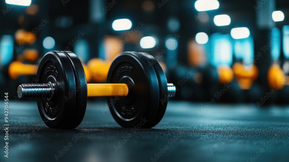 A close-up of a black and yellow dumbbell on a gym floor, highlighting fitness and strength training in a modern gym environment. A close-up of a black and yellow dumbbell on a gym floor, highlighting fitness and strength training in a modern gym environment.
