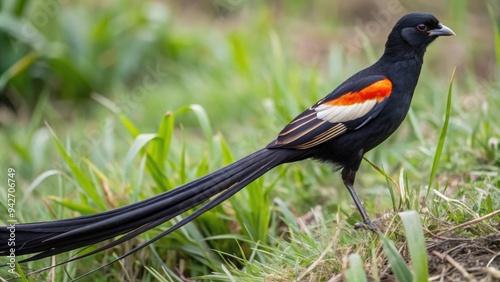 Long-tailed Widowbird with Black, White, and Orange Feathers Standing on Grass photo