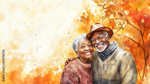 Watercolor illustration, World Alzheimer's Day, International Day of Older Persons, sweet afroamerican elderly couple, grandparents, light autumn background, copy space free space for text