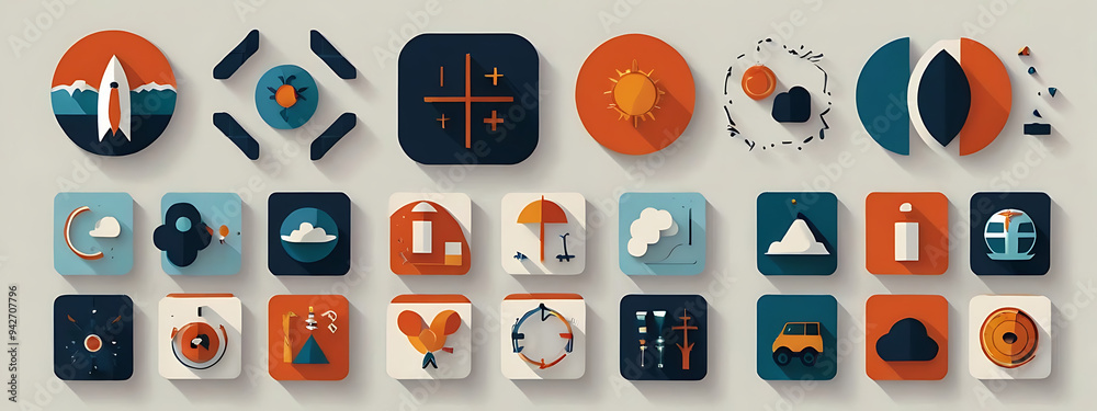 Set of minimalist icon designs in a 2D flat style, featuring various ...