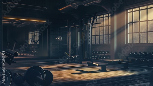 Dark gym interior with sports equipment, empty room in the morning 