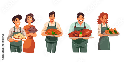 The set of a smiling people with a platter of treats on a white background