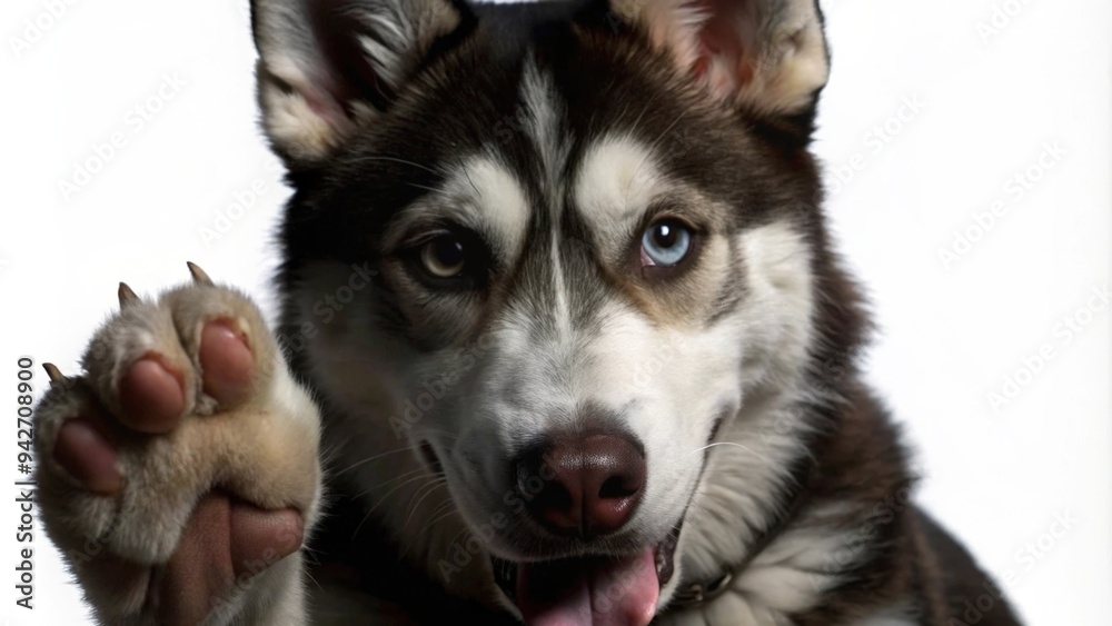 Obraz premium Close-up Portrait of a Husky Dog with One Blue Eye and One Brown Eye, Showing Its Paw