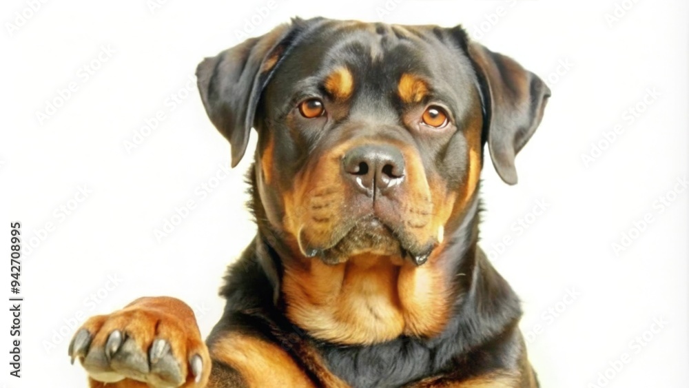 Fototapeta premium Rottweiler dog giving a paw with a serious expression