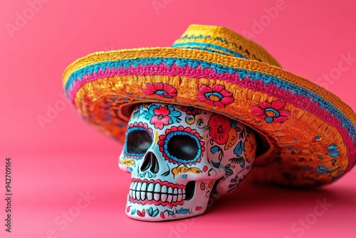 A colorful traditional mexican sugar skull with a sombrero hat on a pink background, with copy space for a Day of the Dead or Cinco de Mayo holiday celebration concept