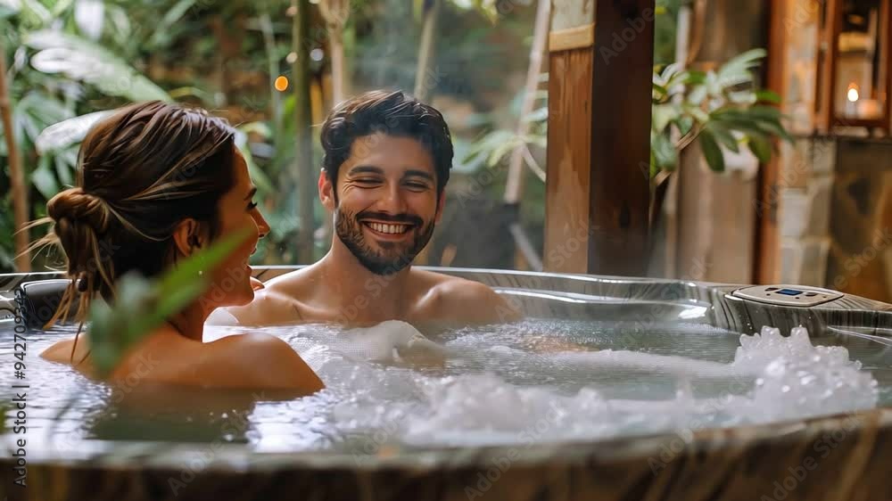 Couple man and woman relaxing in a hot tub for romantic spa day