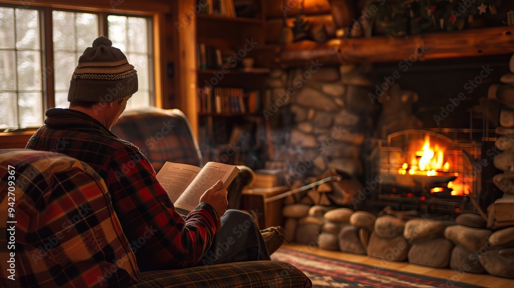 Caucasian person reading book by cozy fireplace in rustic cabin interior with stone walls and warm lighting creating comfortable atmosphere Caucasian person reading book by cozy fireplace in rustic cabin interior with stone walls and warm lighting creating comfortable atmosphere