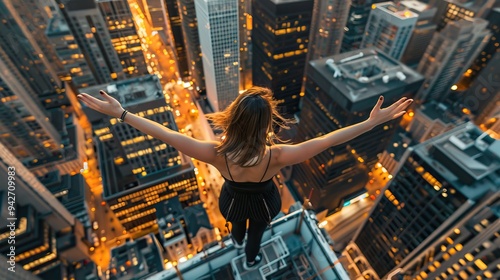 Woman with arms spread wide on skyscraper rooftop overlooking illuminated cityscape at night showcasing urban adventure and fearlessness