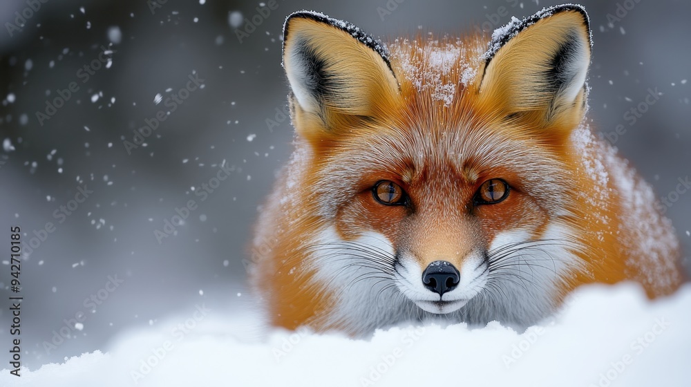Stealthy Red Fox Hunting in Snow - Close-up of Ferocious Predator Targeting Prey in Winter Scene Stealthy Red Fox Hunting in Snow - Close-up of Ferocious Predator Targeting Prey in Winter Scene
