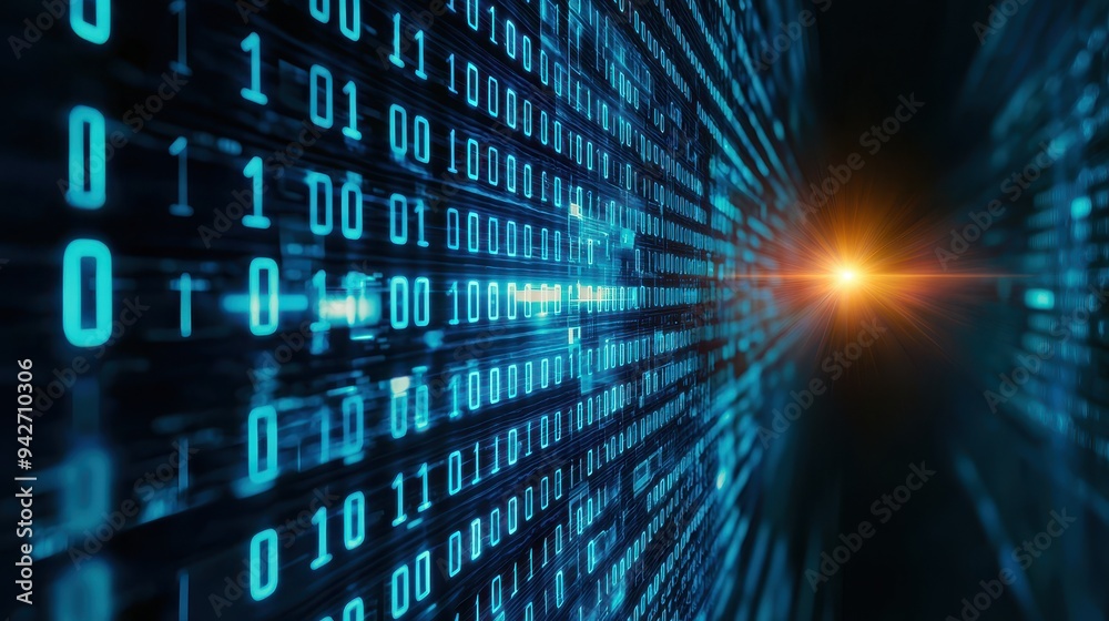 Futuristic digital data stream with binary code and glowing light, representing technology and information processing. Futuristic digital data stream with binary code and glowing light, representing technology and information processing.