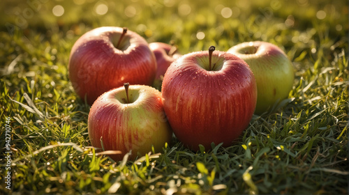 Autumn Apples on Sunlit Grass with Warm Sunlight and Vibrant Colors photo