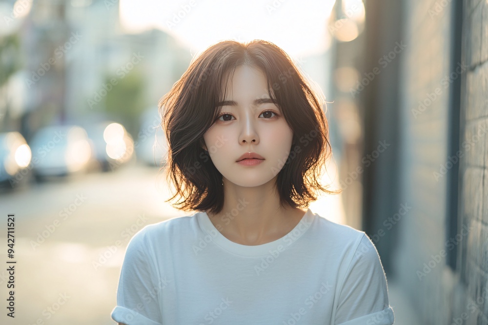 A Japanese model with short hair stands confidently on a street, the sunlight filtering through to create a warm, inviting scene A Japanese model with short hair stands confidently on a street, the sunlight filtering through to create a warm, inviting scene