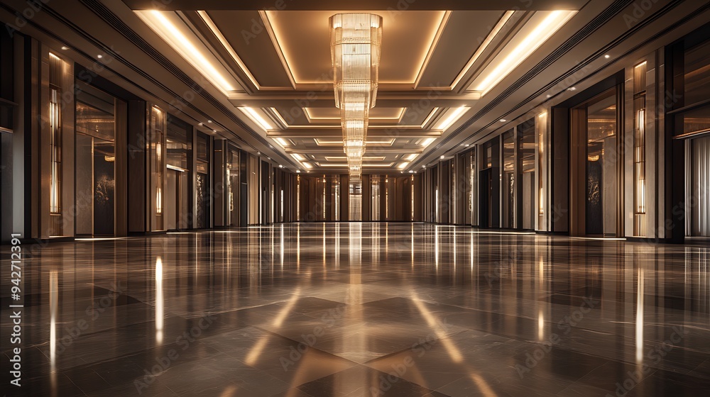Opulent Empty Banquet Hall with Shiny Surfaces, Subtle Lighting Accents, and High-End Architectural Design Opulent Empty Banquet Hall with Shiny Surfaces, Subtle Lighting Accents, and High-End Architectural Design