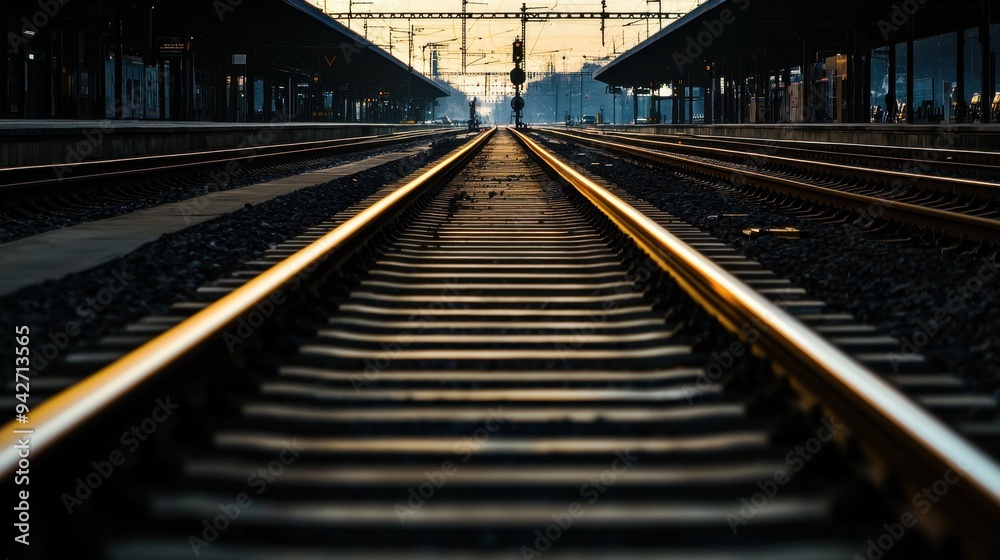 A close-up view of train tracks leading into a station at sunset, highlighting the rails and vibrant colors in the sky. A close-up view of train tracks leading into a station at sunset, highlighting the rails and vibrant colors in the sky.