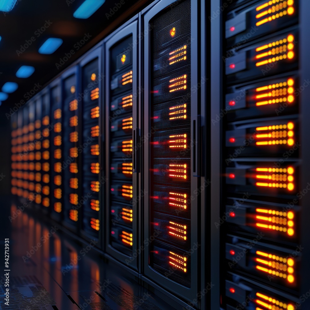 A high-tech server room filled with glowing server racks, showcasing advanced technology in a sleek, modern environment. A high-tech server room filled with glowing server racks, showcasing advanced technology in a sleek, modern environment.