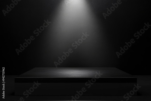 Blank black table platform with bright spotlight isolated on black wall, empty table - place for product placement and text and design, empty place table stage podium hight quality, ai