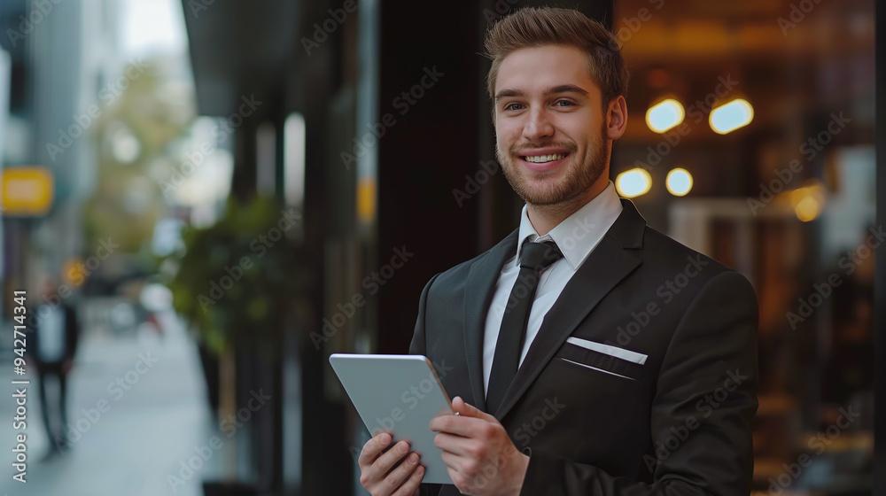 A young successful sales assistant in uniform with a tablet in his hands A young successful sales assistant in uniform with a tablet in his hands