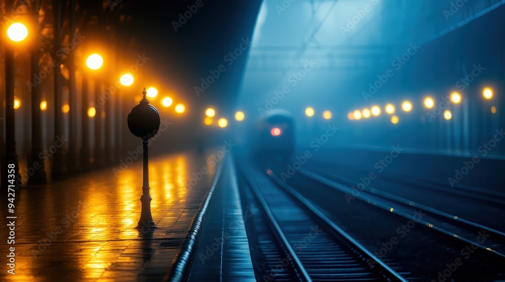 A serene train station illuminated by glowing lamps, shrouded in mist, evoking a sense of solitude and nostalgia.