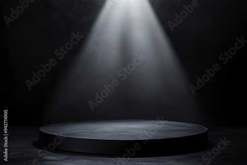 Blank black table platform with bright spotlight isolated on black wall, empty table - place for product placement and text and design, empty place table stage podium hight quality, ai