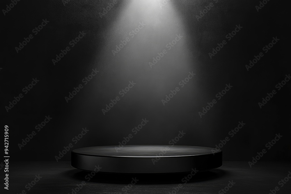 Blank black table platform with bright spotlight isolated on black wall, empty table - place for product placement and text and design, empty place table stage podium hight quality, ai Blank black table platform with bright spotlight isolated on black wall, empty table - place for product placement and text and design, empty place table stage podium hight quality, ai