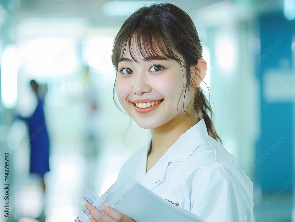 Smiling Student: A young woman in a white lab coat smiles brightly, holding a folder in a professional yet approachable setting. Her expression conveys confidence and a passion for learning. Smiling Student: A young woman in a white lab coat smiles brightly, holding a folder in a professional yet approachable setting. Her expression conveys confidence and a passion for learning.