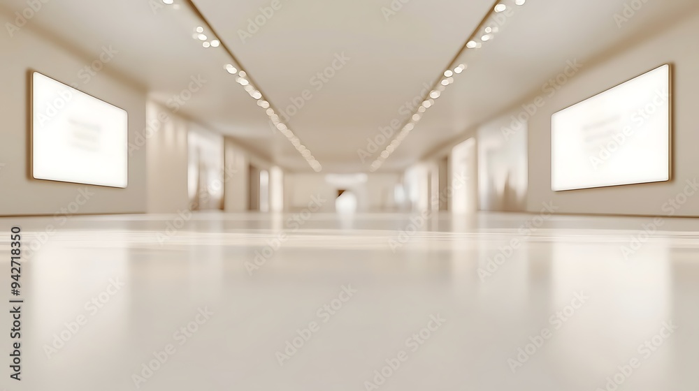 Contemporary Exhibition Space with Minimalist Design, Smooth Flooring, and Blurred Signage Ready for Event Launch